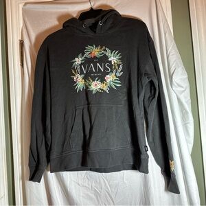 Vans Pullover Hoodie Sweatshirt Womens XS Charcoal Gray Floral Logo Graphic